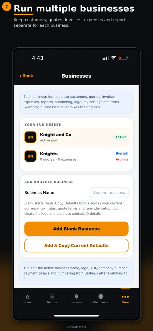 TradieMargin multiple businesses screen
