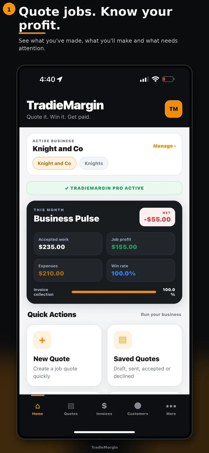 TradieMargin dashboard showing Business Pulse, profit and quick actions