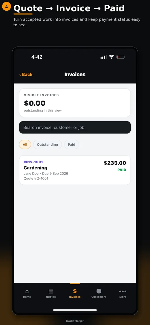 TradieMargin invoice tracking screen