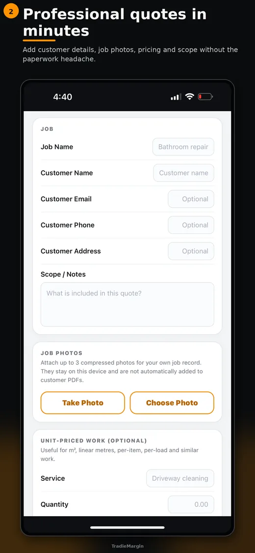 TradieMargin professional quote screen